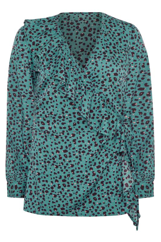 YOURS LONDON Teal Blue Animal Print Wrap Blouse | Yours Clothing
