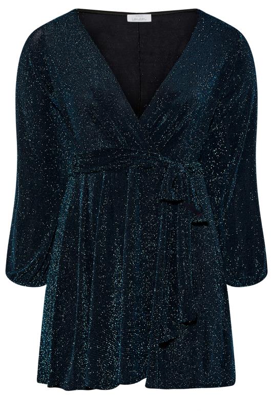 YOURS LONDON Plus Size Teal Blue Glitter Wrap Top | Yours Clothing 6