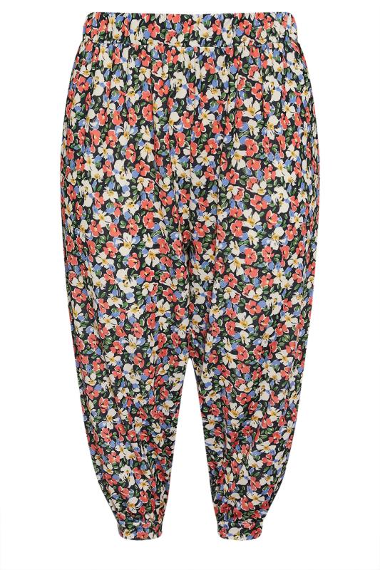 YOURS Plus Size Black Ditsy Floral Print Cropped Harem Trousers | Yours Clothing 5