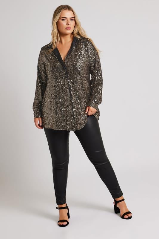 YOURS LONDON Plus Size Gold Sequin Shirt Yours Clothing