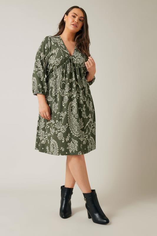 Plus Size  EVANS Curve Khaki Green Paisley Print Crepe Midi Dress