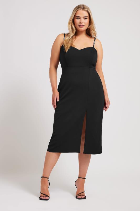YOURS LONDON Plus Size Black Diamante Strap Midi Dress | Yours Clothing 2
