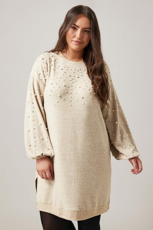 EVANS Plus Size Natural Brown Pearl Embellished Jumper Dress | Evans 2