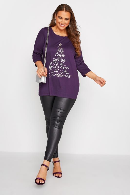 Curve Purple 'Joy, Love, Peace' Slogan Christmas T-Shirt | Yours Clothing 2