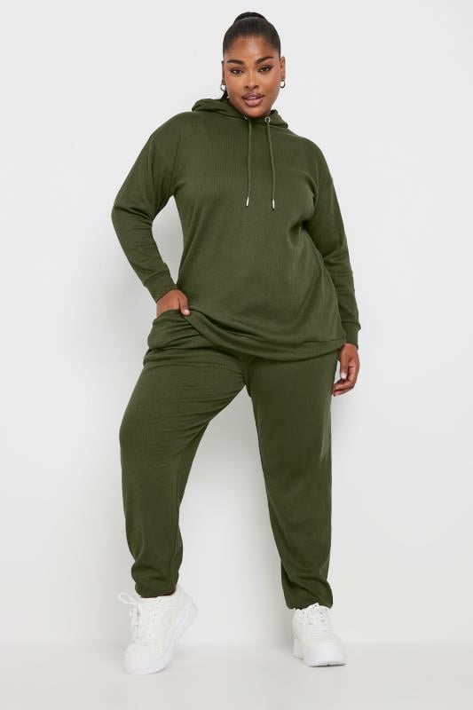 YOURS Plus Size Khaki Green Ribbed Hoodie | Yours Clothing 2