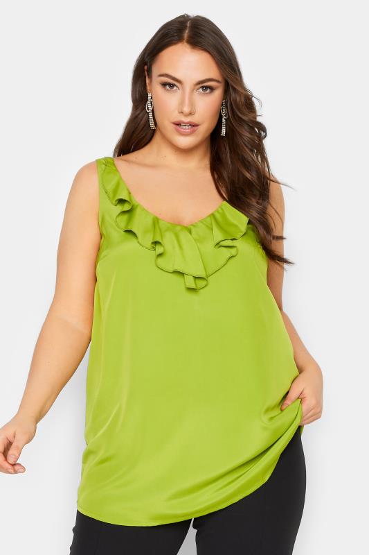 YOURS LONDON Plus Size Green Ruffle V-Neck Vest Top | Yours Clothing 1