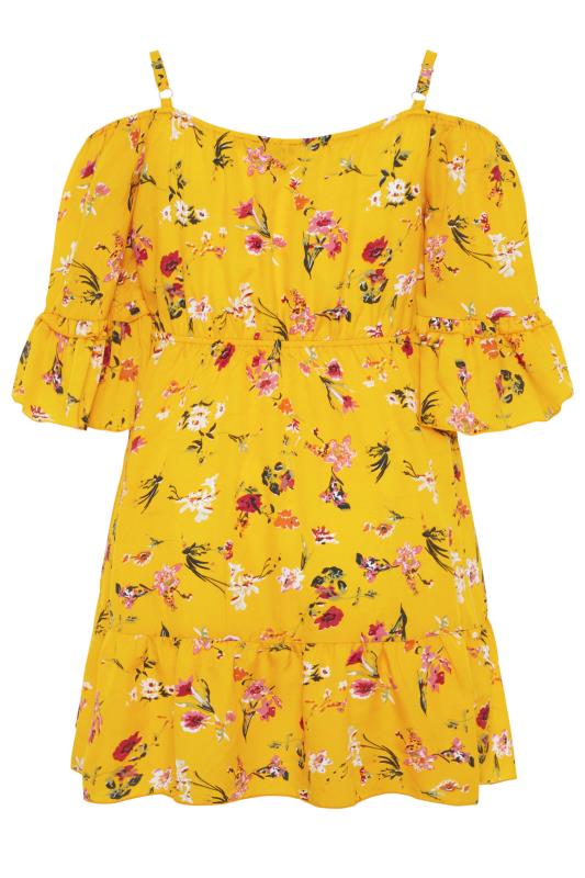 Yellow Floral Cold Shoulder Frill Top | Yours Clothing