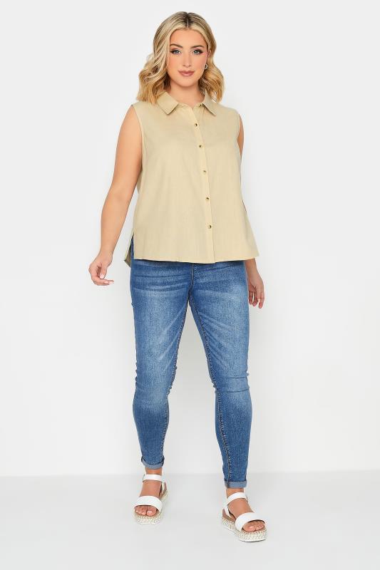 YOURS PETITE Plus Size Stone Brown Linen Blend Sleeveless Shirt | Yours Clothing 2