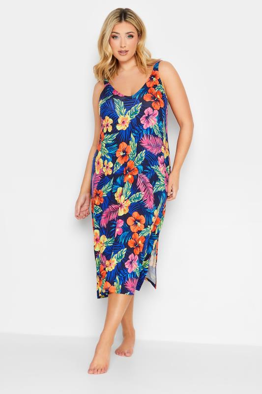 Plus Size  YOURS Curve Blue Tropical Print Midaxi Beach Dress