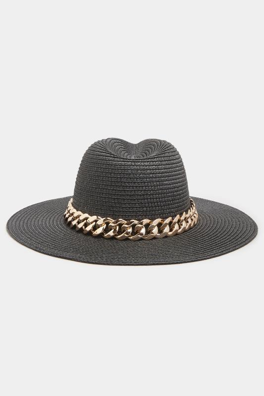 Tall  Yours Black Straw Chain Fedora Hat