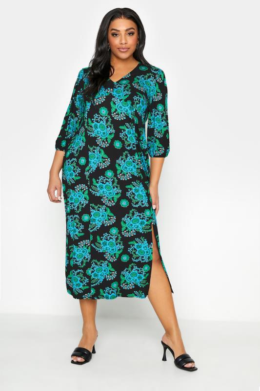 Plus Size  YOURS LONDON Black & Green Floral Print Side Split Maxi Dress
