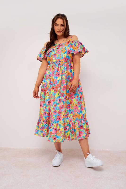 LIMITED COLLECTION Plus Size Blue Floral Frill Cold Shoulder Midi Dress | Yours Clothing 1