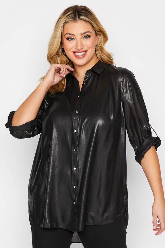 Plus Size Black Shimmer Button Through Shirt | Yours Clothing 1