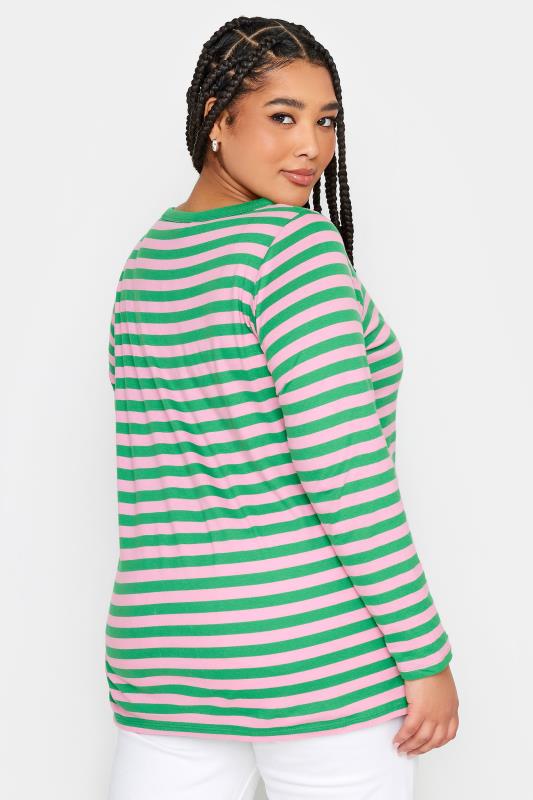 YOURS Curve Green & Pink Stripe Long Sleeve T-Shirt | Yours Clothing 3