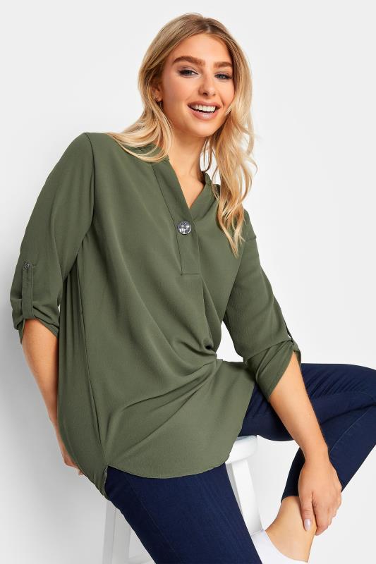 Women's  M&Co Khaki Green Statement Button Tab Sleeve Shirt