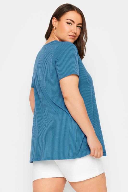 YOURS Plus Size Blue Button Front Ribbed Swing Top | Yours Clothing 3