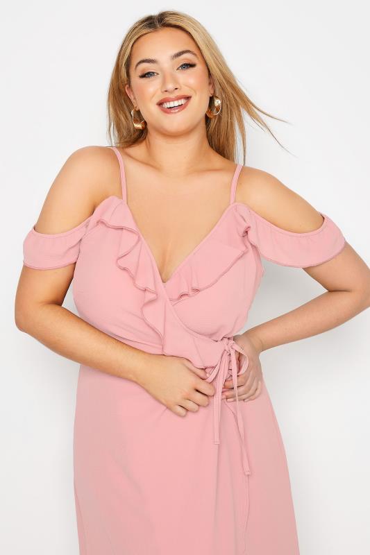 YOURS LONDON Curve Pink Ruffle Wrap Cold Shoulder Maxi Dress 4