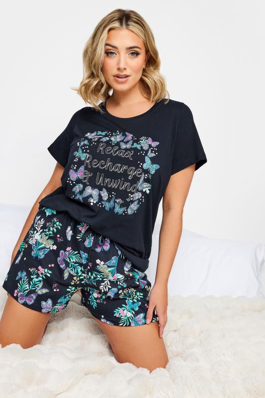 YOURS Curve Navy Blue 'Relax, Recharge & Unwind' Slogan Pyjama Top | Yours Clothing  2