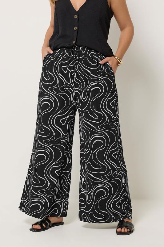  YOURS Curve Black Swirl Wide Leg Trousers