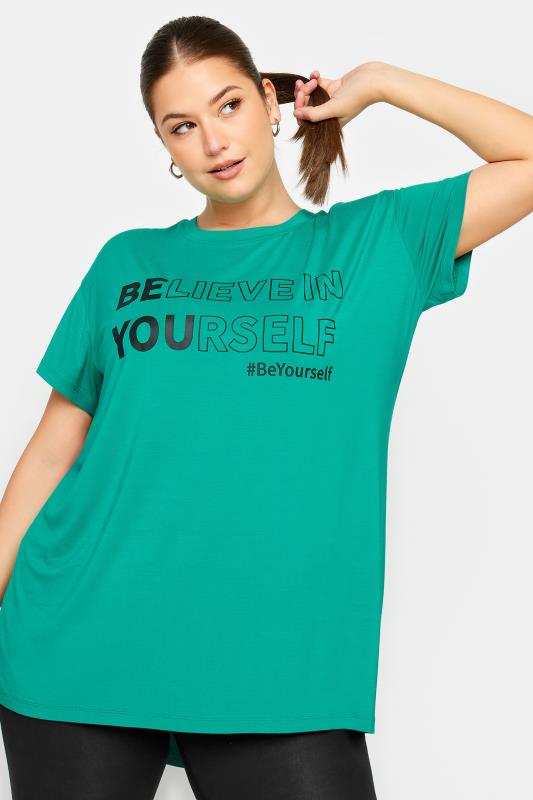 YOURS ACTIVE Plus Size Green 'Believe In Yourself' Top | Yours Clothing 1