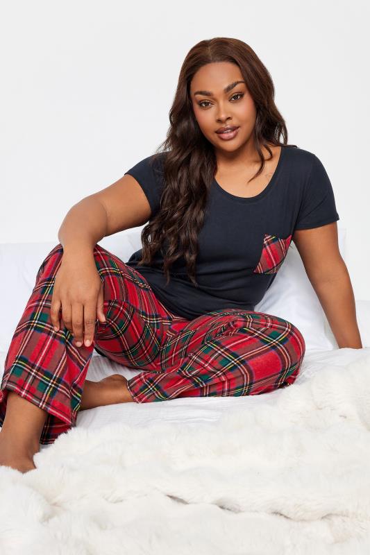 LIMITED COLLECTION Plus Size Navy Blue Tartan Check Pocket Pyjama Top | Yours Clothing 2