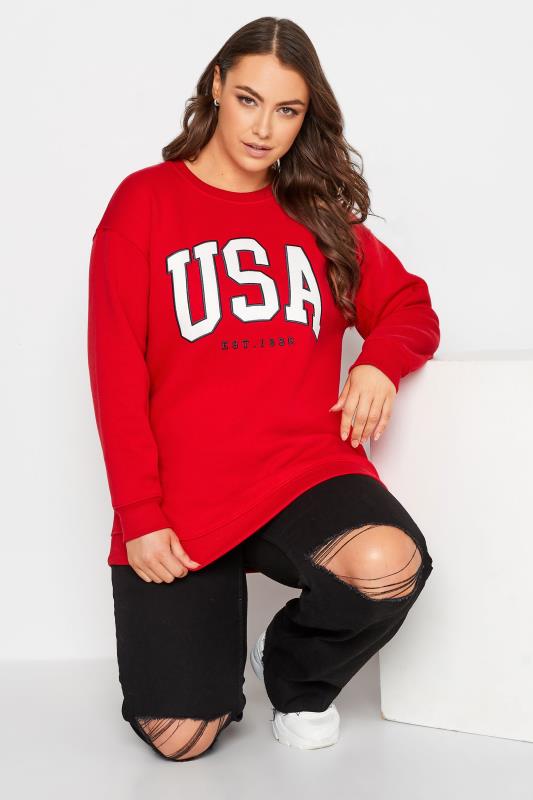 Plus Size  YOURS Curve Red 'USA' Embroidered Slogan Sweatshirt