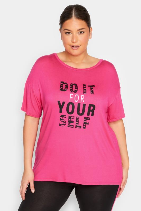 YOURS ACTIVE Plus Size Pink 'Do It For Yourself' Slogan T-Shirt | Yours Clothing | Yours Clothing 1