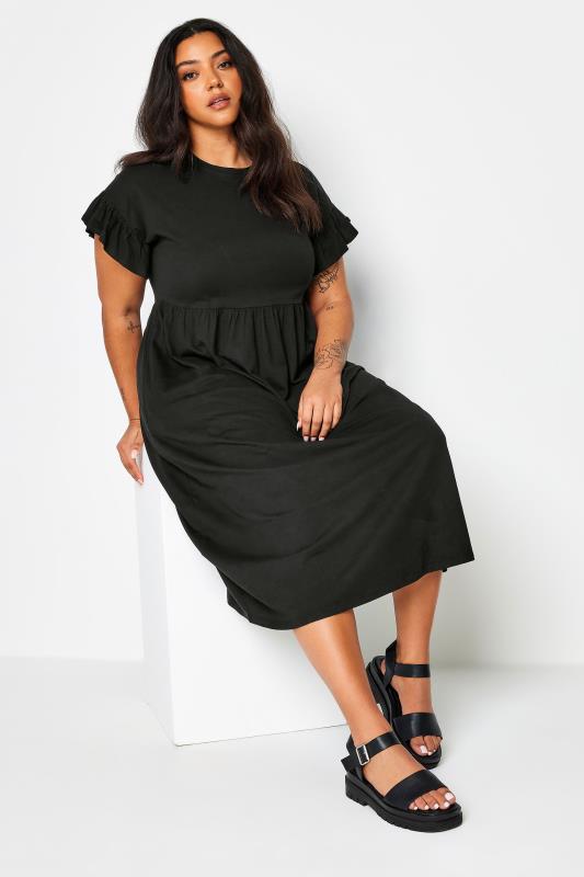 YOURS Plus Size Black Pure Cotton Frill Sleeve Midaxi Dress | Yours Clothing 2