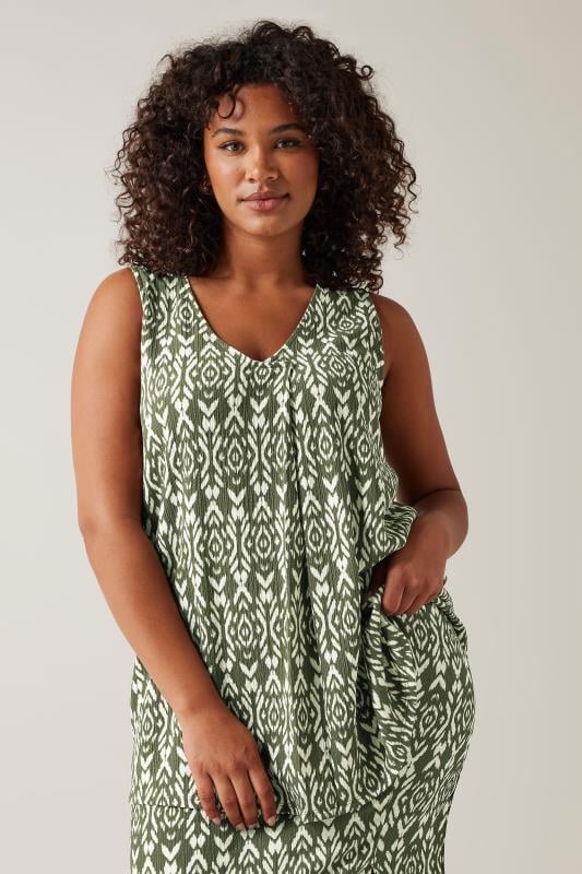 EVANS Plus Size Olive Green Ikat Print Crinkle Vest Top | Evans 1