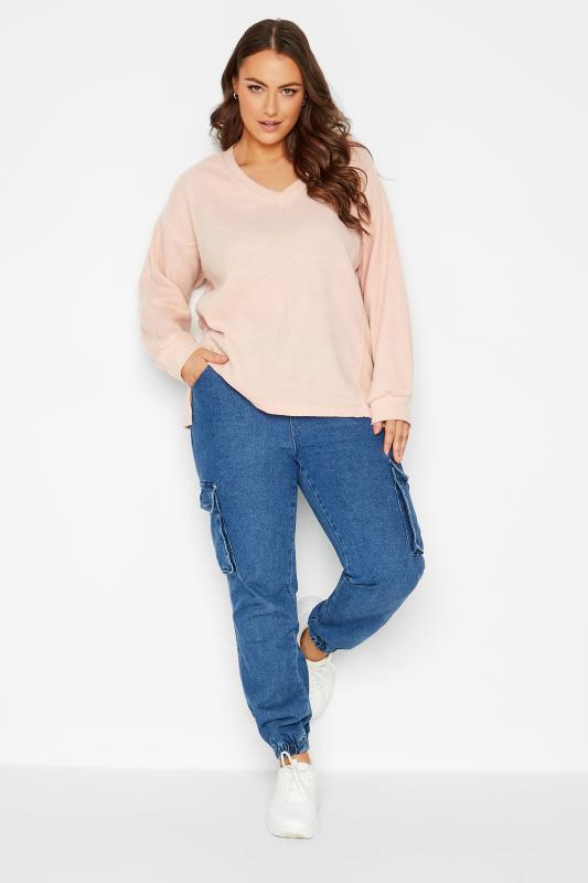 Plus Size Light Pink V-Neck Soft Touch Fleece Sweatshirt | Yours Clothing 2