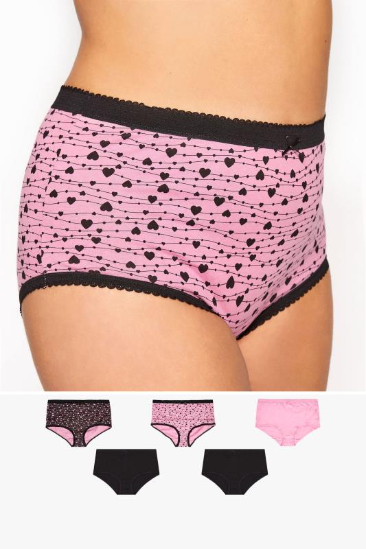 Plus Size 5 PACK Pink & Black Heart Print High Waisted Full Briefs | Yours Clothing 1