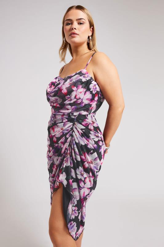 YOURS LONDON Plus Size Black Floral Print Gathered Dress | Yours Clothing  1