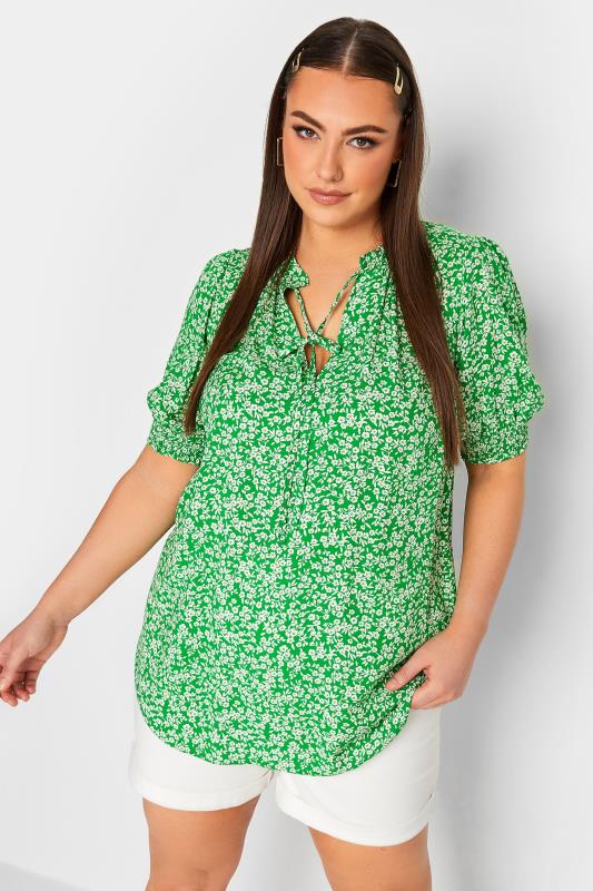 YOURS Plus Size Green Floral Print Tie Neck Blouse | Yours Clothing 1
