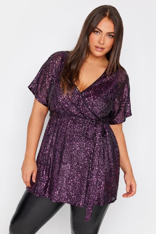 YOURS LONDON Plus Size Purple Sequin Short Sleeve Wrap Top | Yours Clothing 2