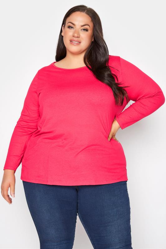 Plus Size Hot Pink Long Sleeve T-Shirt | Yours Clothing 1
