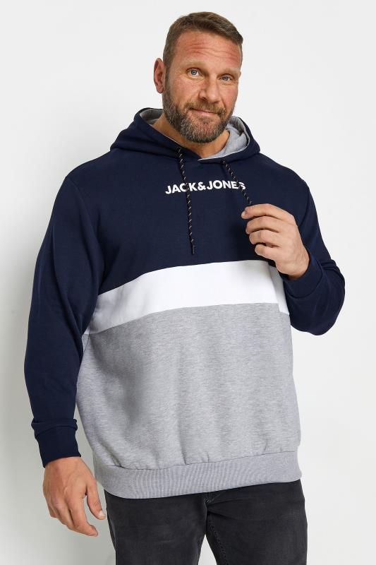 JACK & JONES Big & Tall Navy Blue Colour Block Hoodie | BadRhino 1