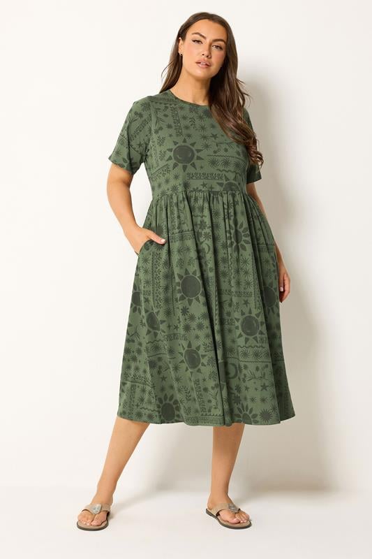  YOURS Kittelkleid zum Hineinschlüpfen in Khakigrün mit gemischtem Blumenmuster