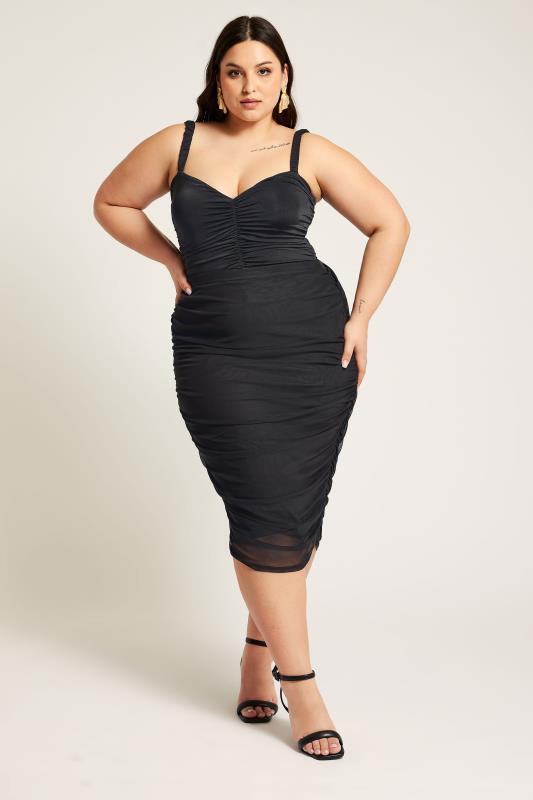  Grande Taille YOURS LONDON Curve Black Mesh Gathered Midi Skirt