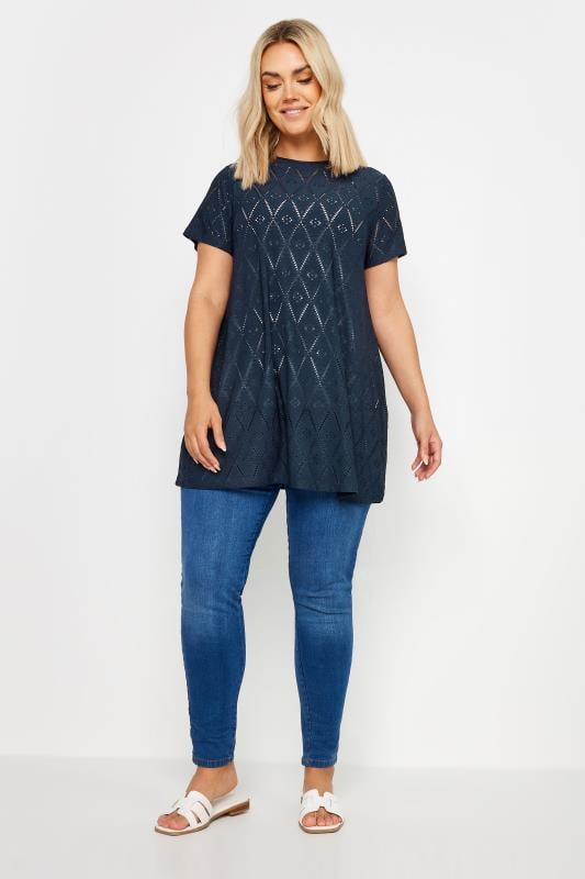 YOURS Plus Size Navy Blue Broderie Anglaise Swing T-Shirt | Yours Clothing 2