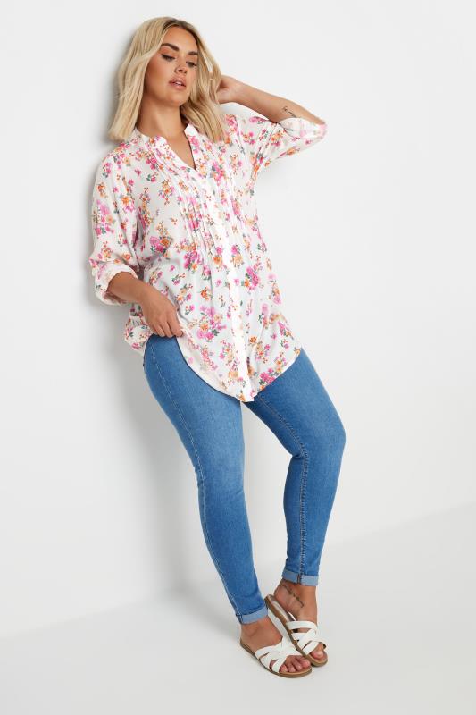 YOURS Plus Size White Floral Print Pintuck Embellished Shirt | Yours Clothing 2