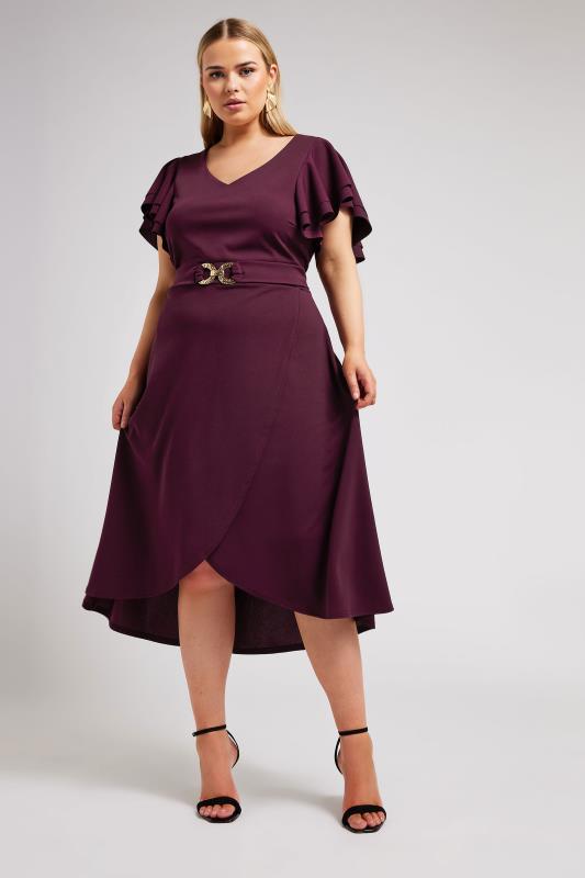 YOURS LONDON Plus Size Purple Buckle Dipped Hem Midi Dress | Yours Clothing 1