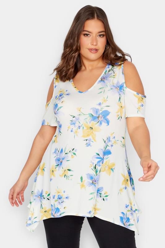 YOURS LONDON Plus Size White Floral Print Cold Shoulder Top | Yours Clothing 1