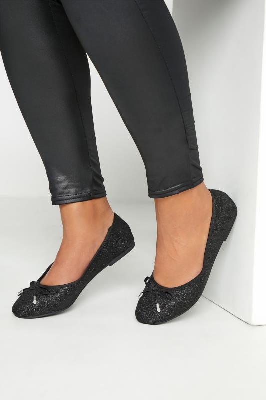 Plus Size  Black Glitter Ballerina Pumps In Wide E Fit & Extra Wide EEE Fit