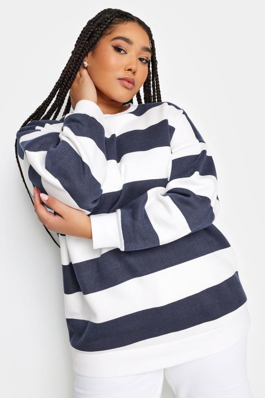 YOURS Plus Size Navy Blue & White Stripe Sweatshirt | Yours Clothing 1