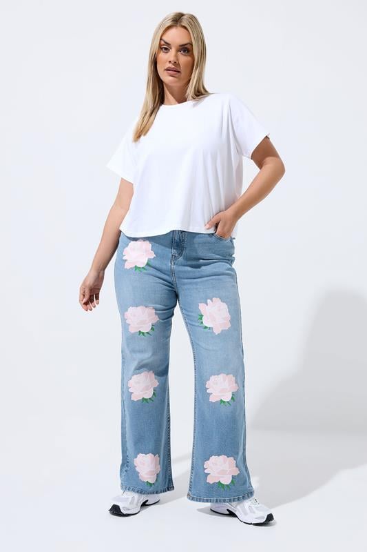 LIMITED COLLECTION Plus Size Blue Rose Printed Jeans | Yours Clothing 1