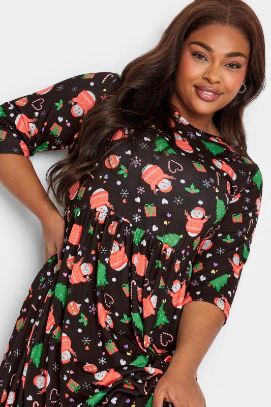 LIMITED COLLECTION Plus Size Black Snowman Print Christmas Smock Dress | Yours Clothing 4