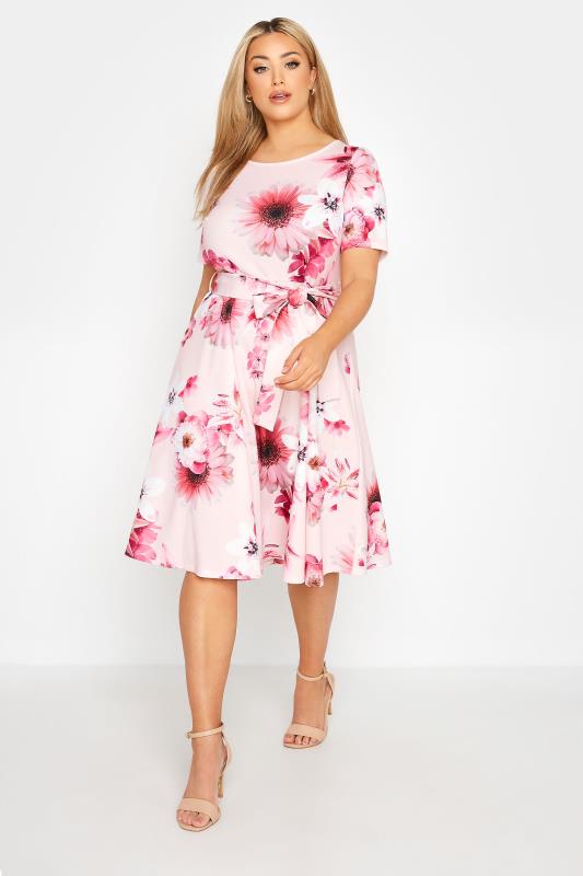 Plus Size  YOURS LONDON Curve Pink Floral Print Midi Skater Dress