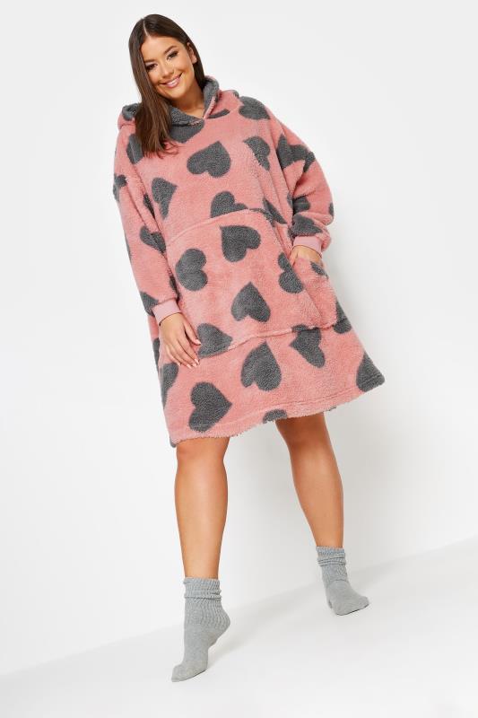 Plus Size  YOURS Curve Pink & Grey Heart Print Snuggle Hoodie
