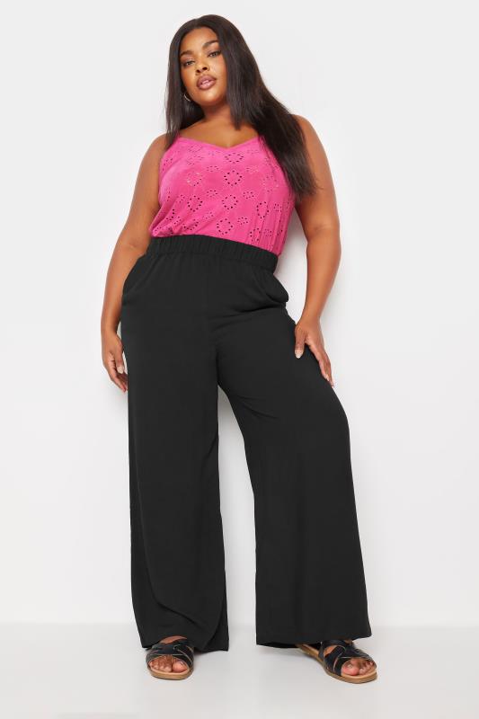 YOURS Plus Size Black Elasticated Wide Leg Trousers | Yours Clothing 1
