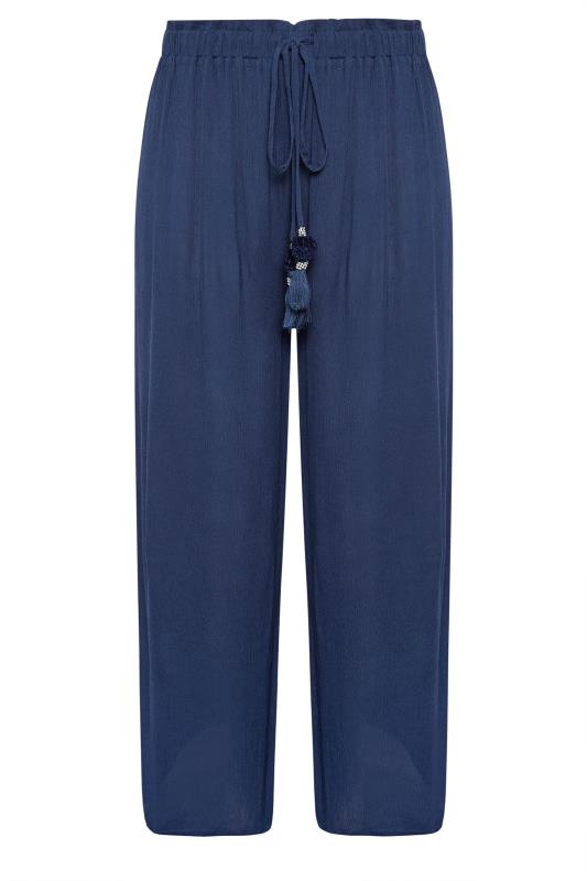 YOURS Plus Size Navy Blue Wide Leg Tassel Beach Trousers | Yours Clothing 6